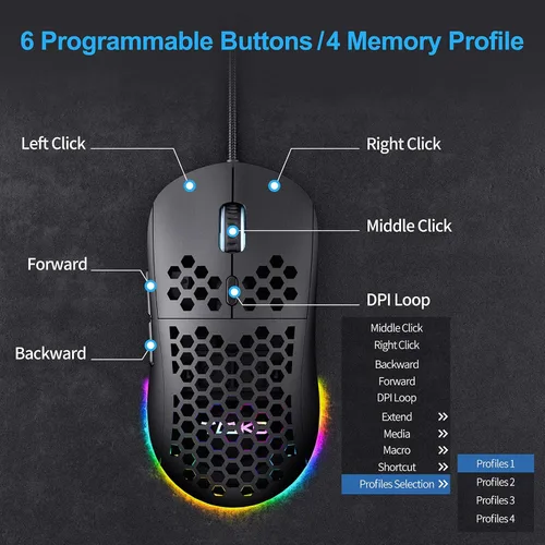 Vista 3 de TMKB Falcon M1SE - Mouse ultraligero para juegos de panal, sensor óptico de alta precisión de 12800 DPI, 6 botones programables, RGB personalizable