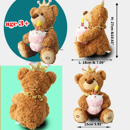 Vista 6 de Marsjoy Oso de peluche musical de feliz cumpleaños con magdalena brillante, juguete de peluche animado que canta, baila, habla, repite lo que dices