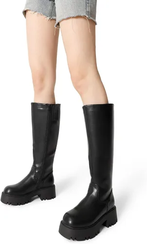 Vista 5 de DREAM PAIRS Botas altas hasta la rodilla, cómodas botas de plataforma gruesa con punta redonda y cremallera lateral para mujer