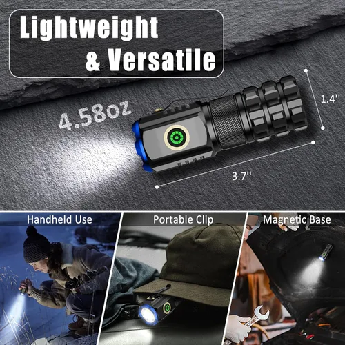 Vista 4 de Mini linterna LED portátil, recargable EDC pequeña linterna de bolsillo 6 modos de iluminación con clip magnético impermeable para camping