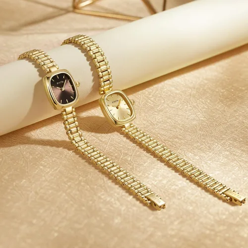 Vista 6 de Reloj dorado pequeño para mujer, caja rectangular vintage, relojes de pulsera de acero inoxidable para mujer