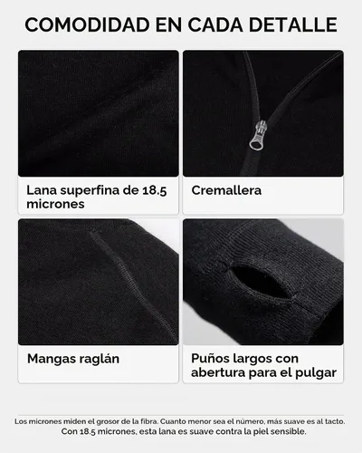 Vista 4 de DANISH ENDURANCE Merino Wool Half Zip Base Layer Set Men, Top and Bottom Negro