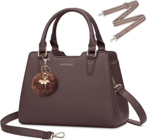 Vista 12 de IGOLUMON Bolso de mujer con asa superior de cuero vegano sintético Satchel Monedero para mujer Bolso de mano de diseñador con lindo pompón