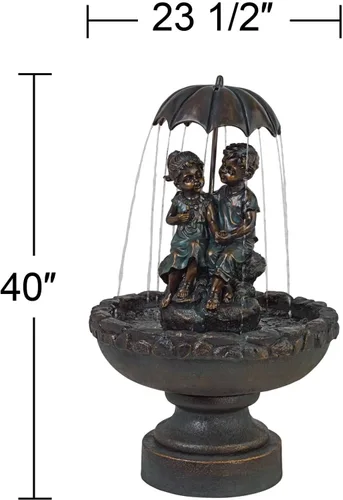 Vista 4 de Niño y niña bajo el paraguas de 40 pulgadas de alto, grande, rústico, para interiores y exteriores, decoración de núcleo de cabaña, fuente de suelo