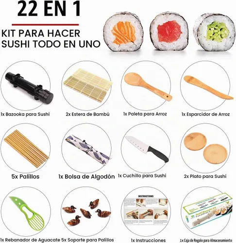 Vista 2 de Kit de fabricación de sushi SmileTools, juego de 22 piezas para principiantes con libro guía, bazuca, cuchillo, estera, cortador de aguacate Negro2