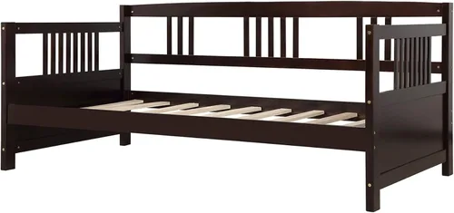 Vista 5 de P PURLOVE Sofá cama individual de madera con rieles, cama individual, listones de madera que soportan la vida moderna, individual, espresso