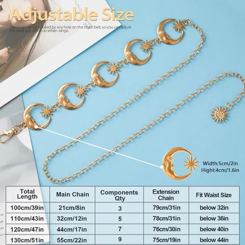 Vista 6 de FIORETTO Cinturón de cadena para mujer, cadena de metal para mujer, cadena multicapa para vestido