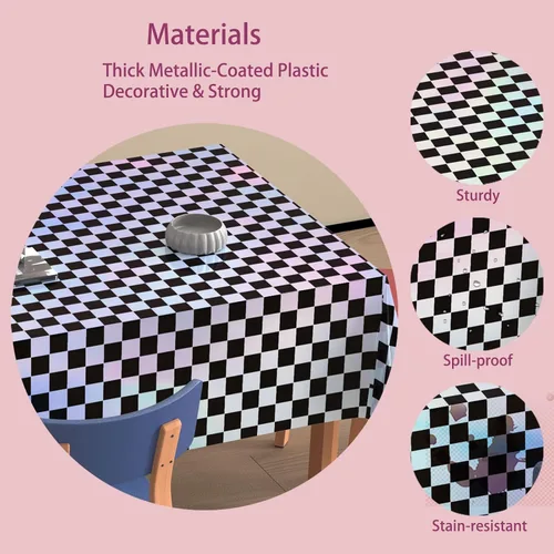 Vista 4 de Paquete de 4 manteles de plástico a cuadros desechables, manteles de papel de aluminio brillante para mesas rectangulares, decoraciones de fiesta