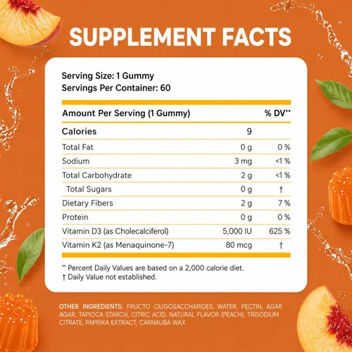 Vista 2 de Gomitas de vitamina D3 K2 sin azúcar 5000 UI + K2 MK7 80 mcg - Gomitas de vitamina D para adultos con prebióticos y fibra - Apoya los huesos