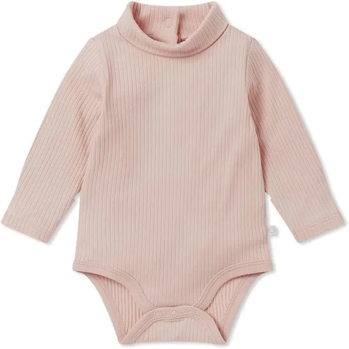 Vista 3 de MORI Body unisex de cuello alto acanalado para bebé con apertura trasera, cómodo mameluco de una pieza de cuello alto para niños y niñas azul