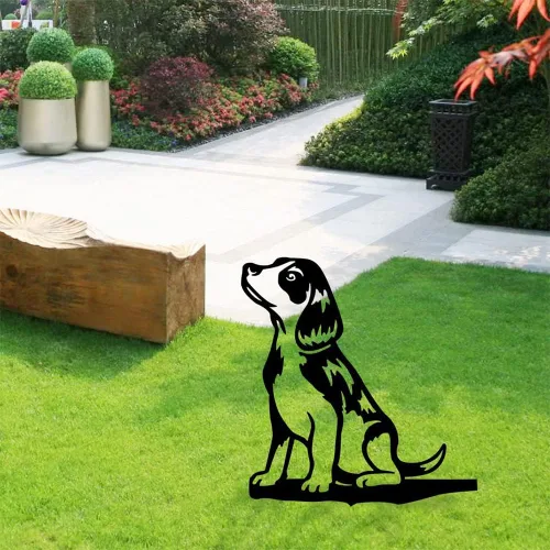 Vista 3 de Adorable decoración de estaca de perro para patio, jardín, al aire libre, arte de metal, silueta de perro, estatua de perros de acero, adorno