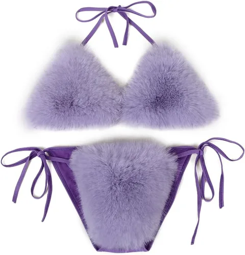 Vista 9 de ZOSCGJMY Conjunto de bikini de dos piezas de piel sintética para mujer Beige