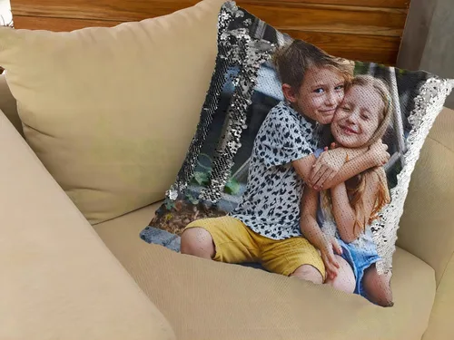 Vista 6 de Funda de almohada mágica reversible personalizada, diseño de fotos de lentejuelas, impresión de un solo lado, funda de almohada para fotos