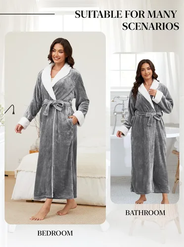 Vista 6 de Hellomamma Bata de baño larga para mujer, de felpa suave, de forro polar, camisón para mujer, pijama, ropa de dormir
