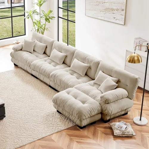 Vista 67 de Otomana beige para sofá modular modular, sofá individual, asiento otomano para sofá modular convertible, sofás de terciopelo para sala de estar