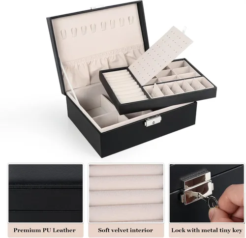 Vista 4 de Joyero para mujeres y niñas, organizador de joyas de 2 capas con cerradura, estuche de almacenamiento de piel sintética con bandeja extraíble