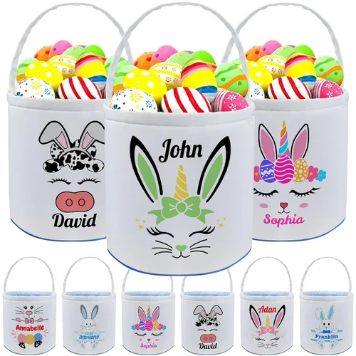 Vista 25 de Cesta de Pascua personalizada con nombre para niños, lona personalizada, cubo de Pascua, regalo para niños y niñas