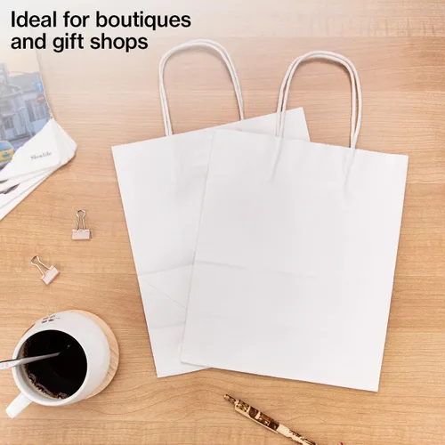 Vista 4 de SSWBasics Bolsas de compras de papel kraft blancas medianas - 8 ¼ L x 4 ¾ D x 10 ½ H - Estuche