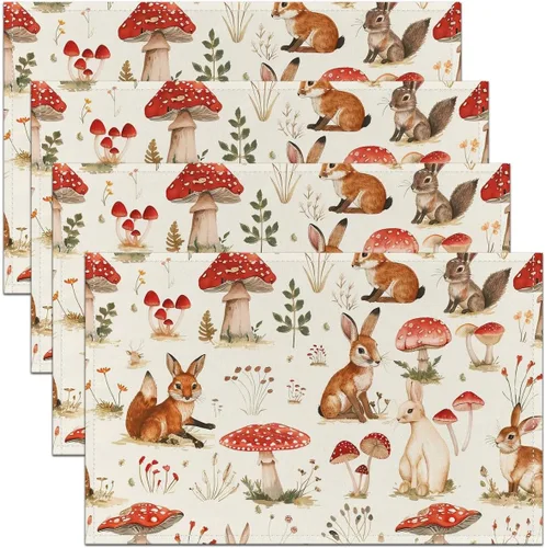 Vista 13 de Juego de 4 manteles individuales con diseño de hongos salvajes, acuarela, plantas naturales, decoración de plantas, para niños, adolescentes