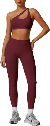 Vista 6 de ABOCIW Conjuntos de Entrenamiento para Mujer, Leggings de Levantamiento de Glúteos sin Costuras de Cintura Alta, Bra Deportivo de Un Hombro
