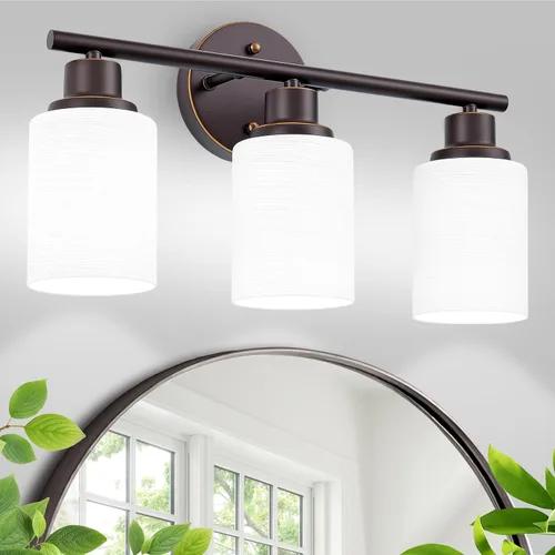 Vista 44 de Paquete de 2 luces de tocador de 1 luz, lámpara de baño de níquel cepillado con pantalla de vidrio blanco lechoso texturizado, accesorio