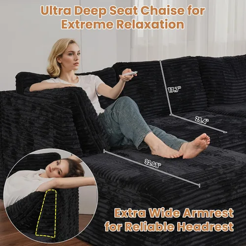 Vista 6 de Ovios - Sofá modular con diván en forma de U y otomanas, cómodo y mullido, tapizado en pana estilo nube, moderno, asiento profundo, juego de sofás