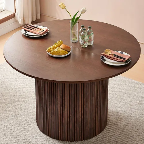 Vista 9 de Homedot Juego de mesa de cocina y comedor para 4, mesa de comedor de madera de nogal, redonda y tapizada, juego de sillas laterales de cocina