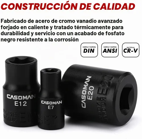 Vista 5 de CASOMAN 11PCS hembra Torx Socket Set, E Torx & Star Socket Set con riel, E4 - E20 Torque Sockets