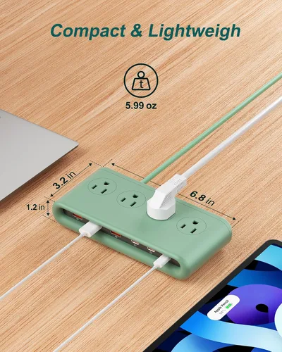Vista 4 de Regleta de alimentación de enchufe plano 10 en 1 con USB C, estación de carga rápida PD20W con 4 salidas y 6 puertos USB