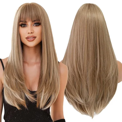 Vista 12 de Pelucas rubias cenizas para mujer, peluca larga recta en capas con flequillo, cabello sintético natural con raíces oscuras