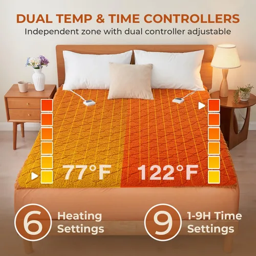 Vista 2 de Protector de colchón eléctrico con calefacción, tamaño King, doble control, 78 x 80 pulgadas, sherpa cálido para invierno, bolsillo profundo, 6