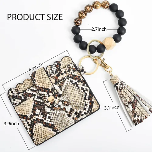 Vista 6 de Llavero pulsera cartera tarjetero bolsillo muñeca coche llavero brazalete para mujer, Piel de serpiente, marrón