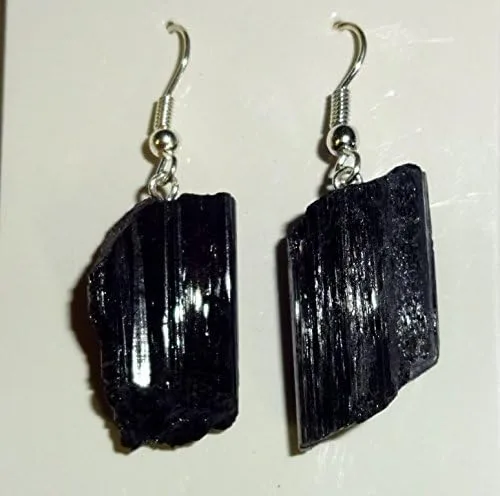 Vista 8 de 1 par de pendientes de piedras preciosas curativas de cristal natural de turmalina negra cruda, Metal