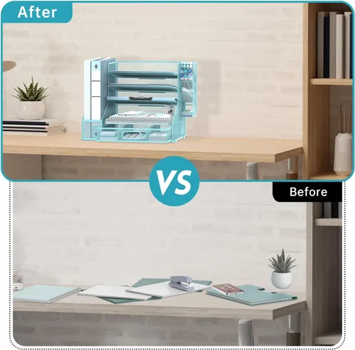 Vista 5 de SUPEASY Organizador de escritorio con soporte para archivos, organizador de bandeja de papel de malla de 5 niveles con soporte para bolígrafo y Azul