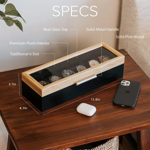 Vista 2 de CASE ELEGANCE Pino de dos tonos y base negra con mango de aluminio moderno caja de reloj de 6 ranuras con vidrio real