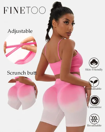 Vista 2 de FINETOO Workout Sets for Women 4 Pieces Ribbed Crop Tank Shorts Active Gym Exercise High Waisted Sports Yoga Outfit S-L