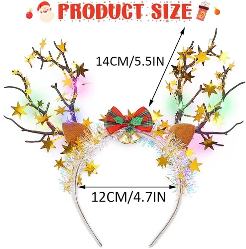 Vista 6 de CASDRE Diadema de Navidad iluminada, diadema de cornamenta de reno dorado, accesorios para el cabello con lazo de Navidad para mujer