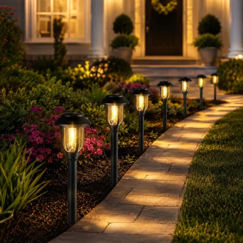 Vista 4 de ILANCK Luces solares para caminos al aire libre, paquete de 12 luces solares para exteriores, impermeables, blanco cálido, encendido y apagado