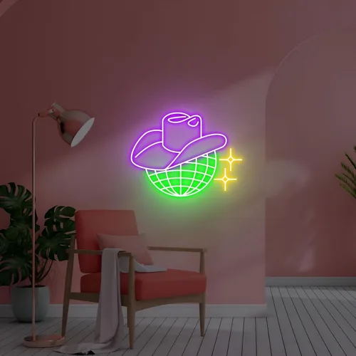Vista 6 de Letrero de neón de bola de discoteca, sombrero de vaquero regulable, luces LED de neón para decoración de pared, letrero iluminado para dormitorio