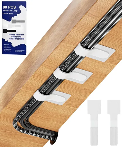 Vista 12 de 80 bridas para cables de gancho y bucle, correas de cable de gancho y bucle, gestión de cables debajo del escritorio, clips adhesivos para cables
