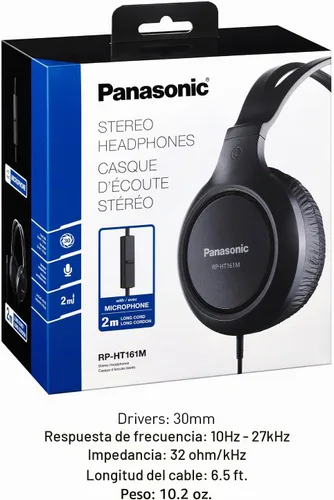 Vista 7 de Panasonic Auriculares ligeros con cable sobre la oreja con micrófono, sonido y XBS para extra graves, cable largo, conector de 3.5mm para teléfonos