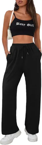 Vista 4 de Vrtige Pantalones de pierna ancha recta con cordón elástico y cintura alta para mujer con bolsillos