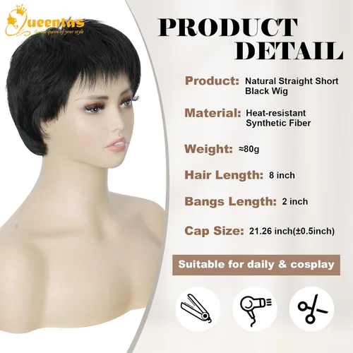 Vista 2 de Peluca sintética sin pegamento con capas Pixie corto para mujer, color negro, para uso diario, Cosplay