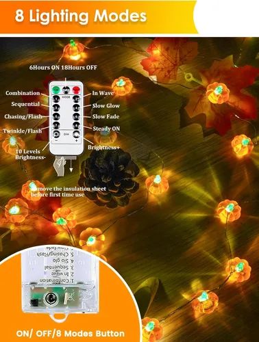 Vista 2 de Paquete de 2 guirnaldas de 30 luces LED de calabaza para decoración de otoño, funciona