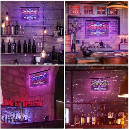 Vista 5 de Letrero de luz de neón LED tricolor personalizado para bar y parrilla, nombre personalizado, fecha, texto, cita, fuente blanco, azul y rojo, 17.7 x