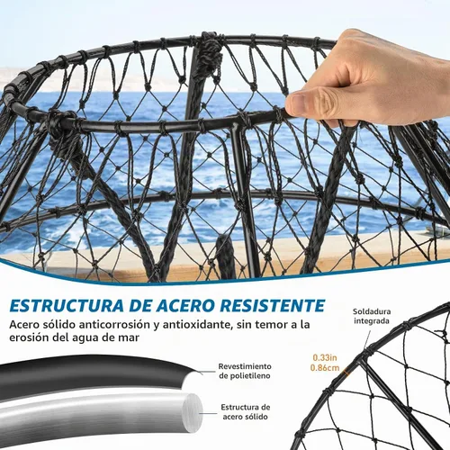 Vista 3 de QualyQualy Crab Ring Trap Hoop Net 1/2-Pack, Heavy Duty Saltwater Crab Nets for Crabbing Lobster, Dungeness and Blue Crabs, Folded Crab Cage Pots