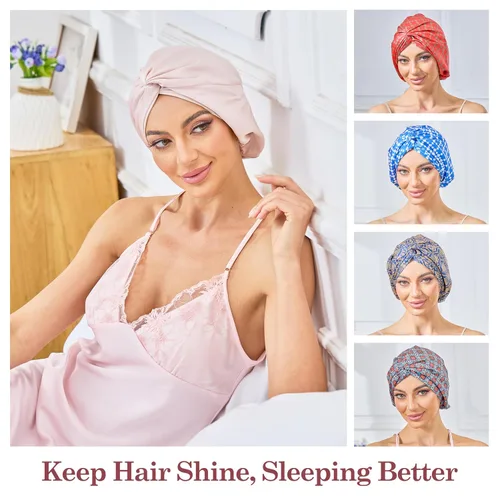 Vista 48 de Gorro de satén de seda ajustable para envolver el cabello para dormir, gorro de dormir de doble capa, turbante nocturno para cabello largo y rizado