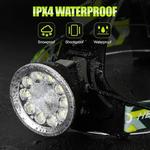 Vista 6 de Linterna frontal LED súper brillante, recargable, de alto lúmenes, impermeable, 4 modos, linterna de cabeza, linterna ligera para camping, correr