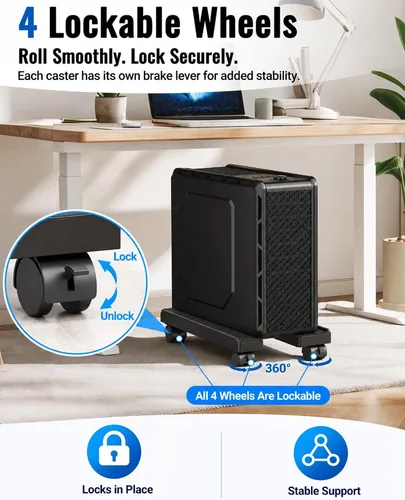 Vista 8 de Soporte de CPU móvil ajustable, Soporte de torre de computadora ventilado con 4 ruedas con rodamientos se adapta a la mayoría de torres de PC Grande