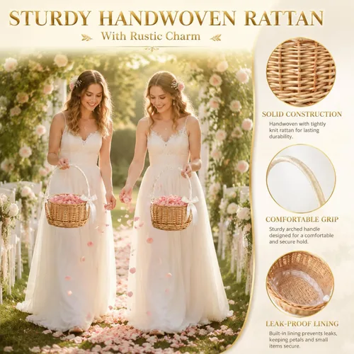 Vista 3 de Lyellfe Paquete de 2 canastas de mimbre hechas a mano con cinta de seda con asa, cesta decorativa para huevos y dulces para regalos, bodas